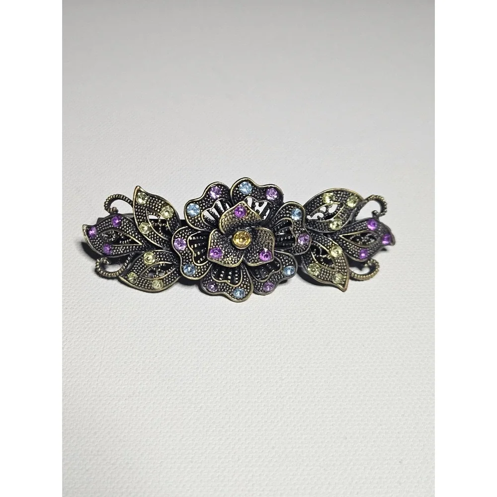 Vintage Antiqued Brass Floral Hair Barrette Clip Multicolor Rhinestone Flower